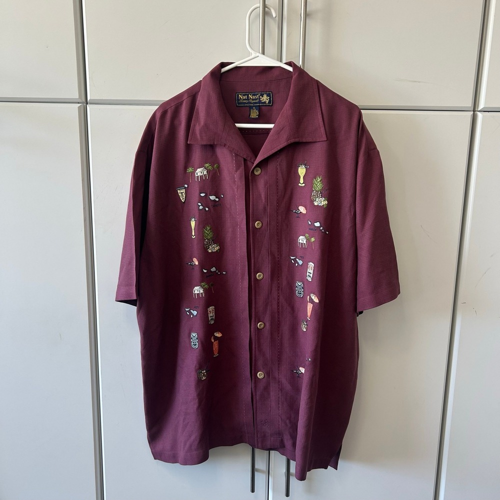 Nat Nast South Pacific Silk Cotton Tiki Embroidered Camp Shirt XL Chianti 163